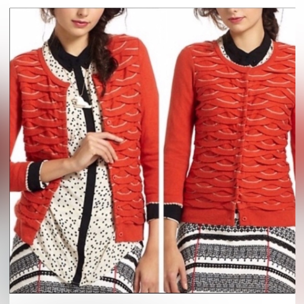 Anthro Little Yellow Bird "Winter Waves" Orange Cardigan Sweater w MEASUREMENTS
